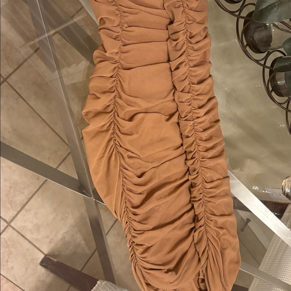 Elegant Tan Ruched Dress - Picture 5 of 10